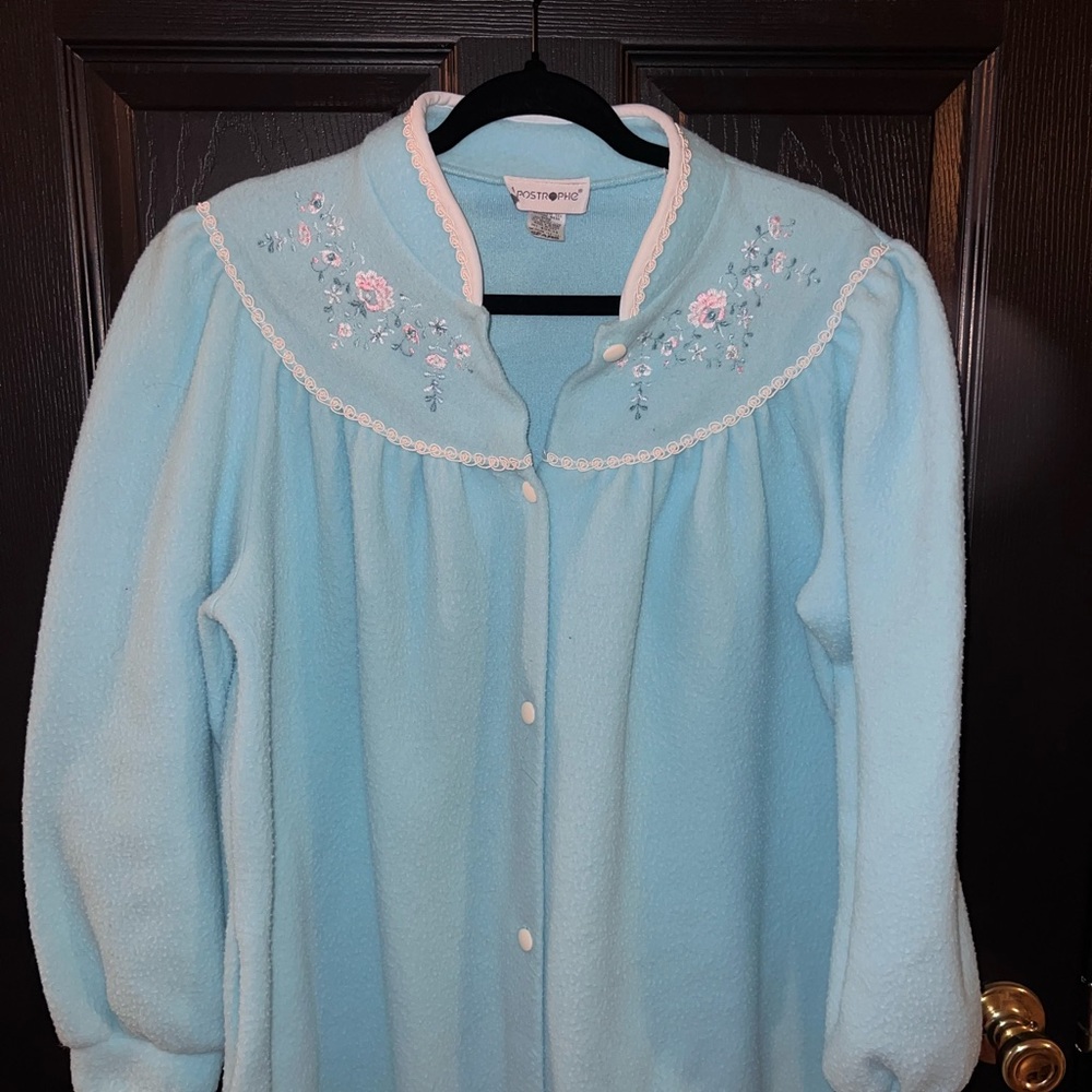 Vintage Sears Blue Fleece Nightgown Embroidered Floral Button Front Medium